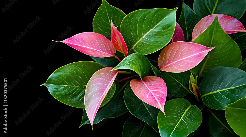 Pink And Green Leaves Close Up On Black Background Pink And Green Leaves Close Up On Black Background