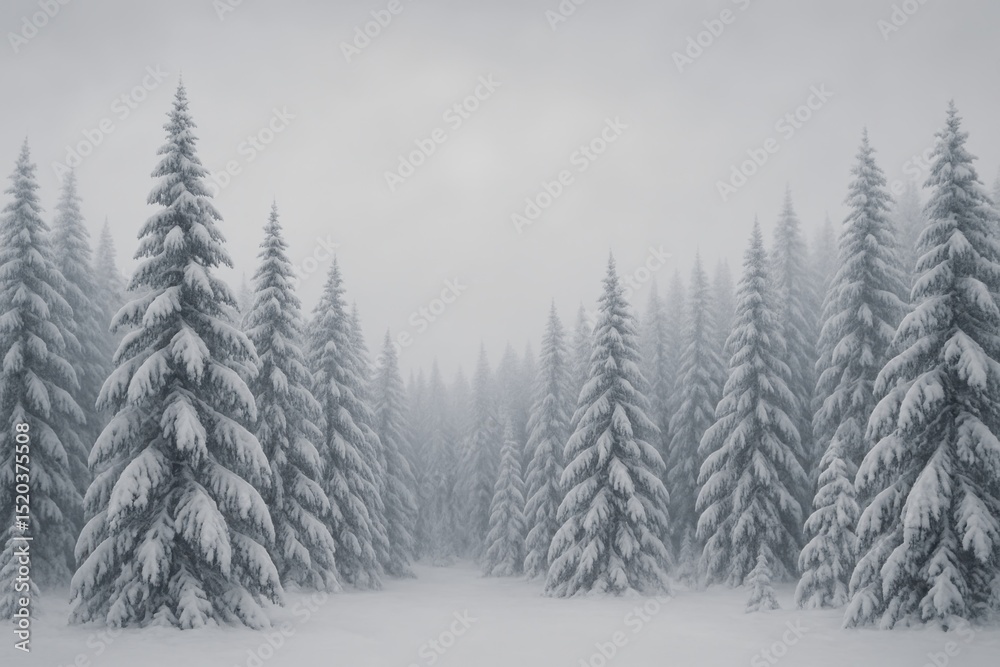 Fototapeta premium Enchanting Winter Forest with Snow-Covered Pine Trees Under a Soft, Overcast Sky, a Serene Nature Scene