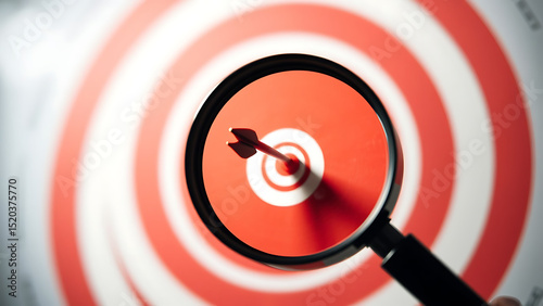 Focused business goal and target concept A magnifying glass zoomed in on red bullseye with an arrow