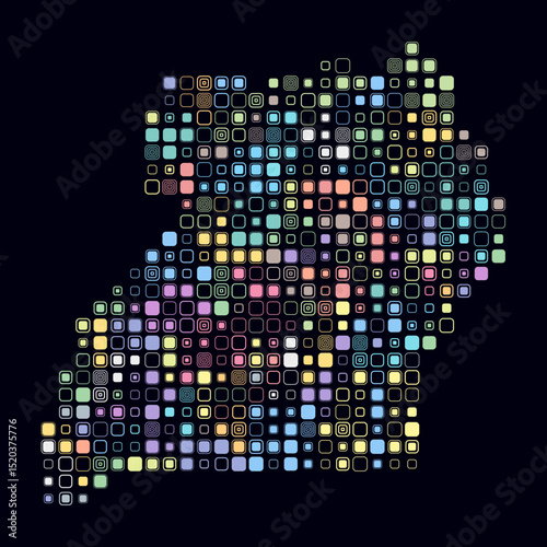 Uganda, shape of the country build of colored cells. Digital style map of the Uganda on dark background. Large size rounded square blocks. Modern vector illustration.