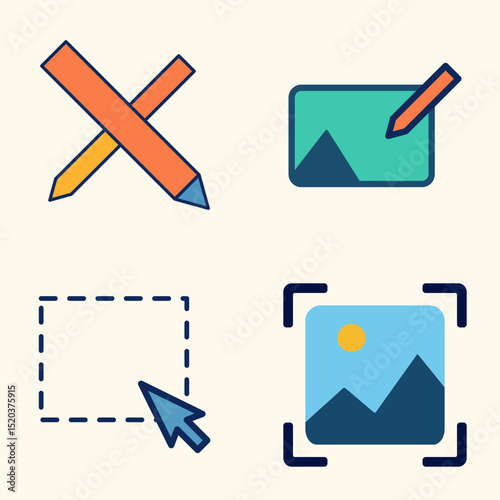 Vector Illustration of Design Interface Tools with Picture Editing, Pointer Selection, and Frame Border Symbols