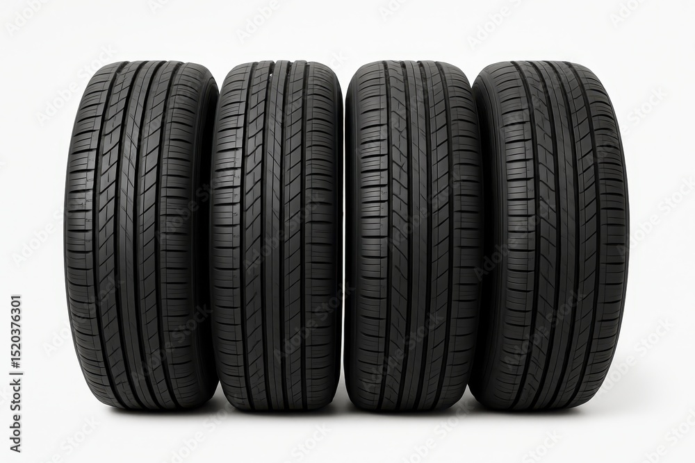Set of Four Black Rubber Car Tires with Treads, Isolated and Stacked or Arranged on a Plain White Background Set of Four Black Rubber Car Tires with Treads, Isolated and Stacked or Arranged on a Plain White Background