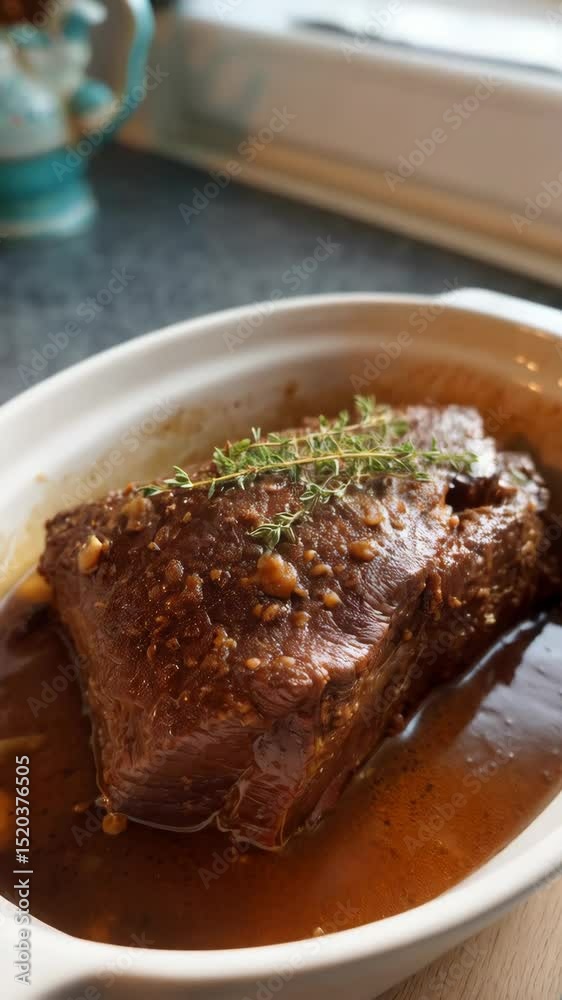Delicious pot roast with gravy, thyme garnish sitting in a white ceramic baking dish on a wooden board; view is eye level at an angle. Delicious pot roast with gravy, thyme garnish sitting in a white ceramic baking dish on a wooden board; view is eye level at an angle.