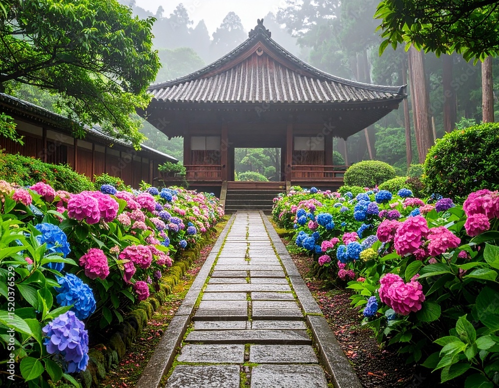 Obraz premium 紫陽花が彩るお寺の静かな参道