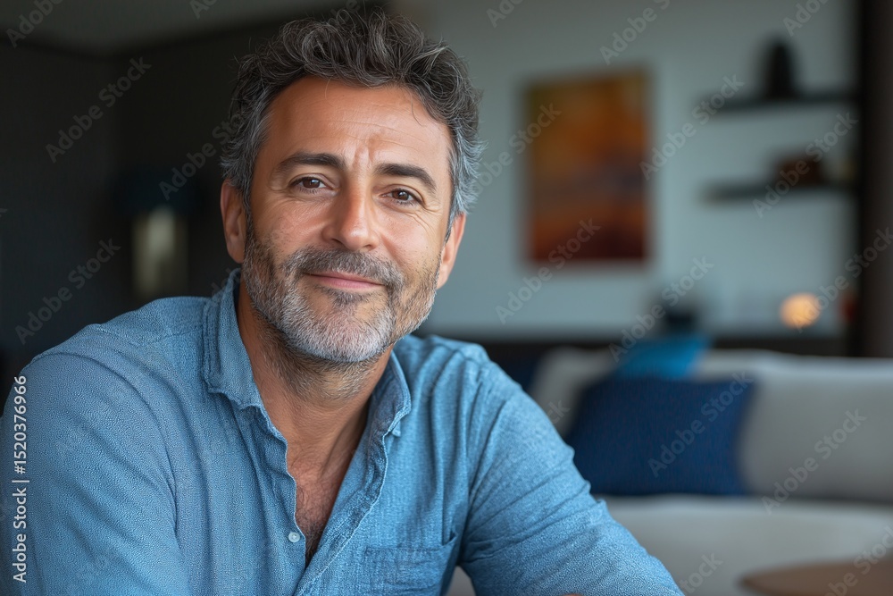 Fototapeta premium Smiling Man in Stylish Modern Interior - Relaxed Lifestyle Portrait with Friendly Personality