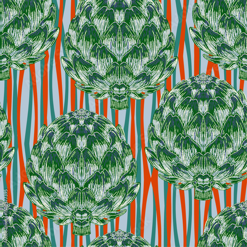 Seamless pattern with hand-drawn artichokes on abstract stripes background. A blend of vintage and modern sketch style inspired by Mediterranean aesthetics