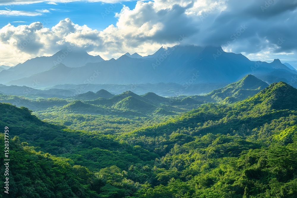 Fototapeta premium Serene Mountain Valley Landscape. Explore the Greenery and Scenic Peaks at Sunset in an Idyllic National Park