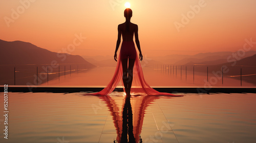 A girl standing on the edge of a pool overlooking a sunset view of the mountains and ocean.