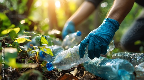 Hands is Picking Up Plastic Bottle From Forest : Suitable for Be Used in Blog Posts, Social Media Posts or Website Content Related to the Environment Theme.