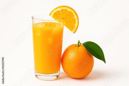 Refreshing tall glass of vibrant orange juice, with a fresh orange slice perched on the rim and a few ice cubes, isolated on a clean white background, next to a whole ripe orange.