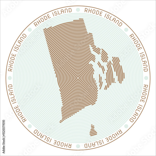 Rhode Island round logo design. State shape built of rings. Rhode Island text around the state. Vector illustration.