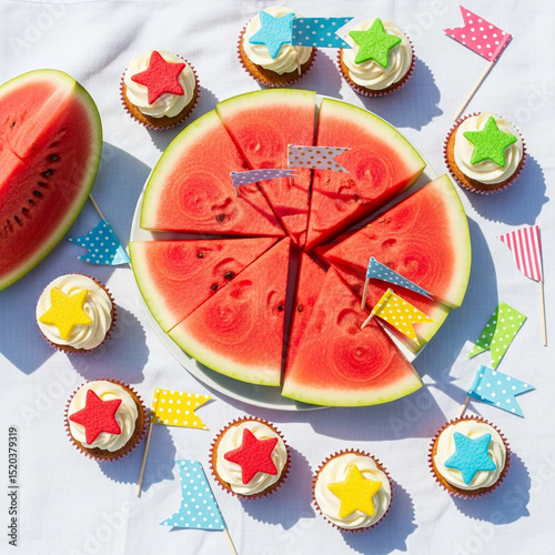 Top-down view of picnic items like watermelon slices, cupcakes with star decorations, and paper flags, white tablecloth, high-resolution