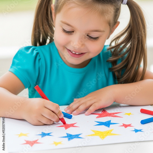 Kid drawing stars on a white sheet using red and blue crayons, concept of freedom and creativity, bright and cheerful atmosphere