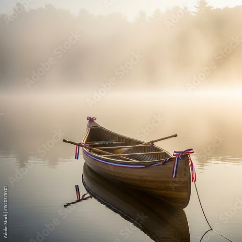 A canoe on a calm lake decorated with subtle patriotic ribbons, early morning mist