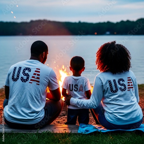 Family sitting near a lakeside bonfire, wearing casual USA-themed clothes, backs to camera, soft lighting