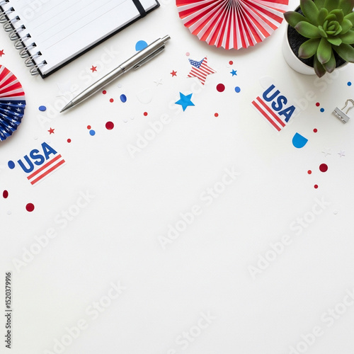 Minimal desktop flat lay with red, white, and blue confetti, USA-themed paper decorations, stock-ready scene