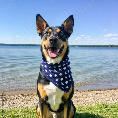 Dog wearing star-spangled bandana sitting by the lakeshore, bright day, happy expression
