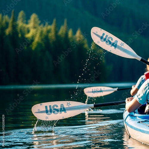 People kayaking with subtle USA-themed paddles, scenic forest lake in background