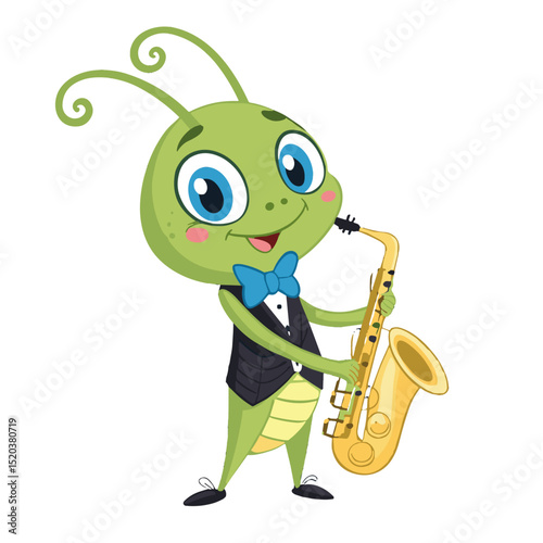 Cute cartoon grasshopper playing saxophone in tuxedo, cheerful children’s illustration with musical theme on white background 