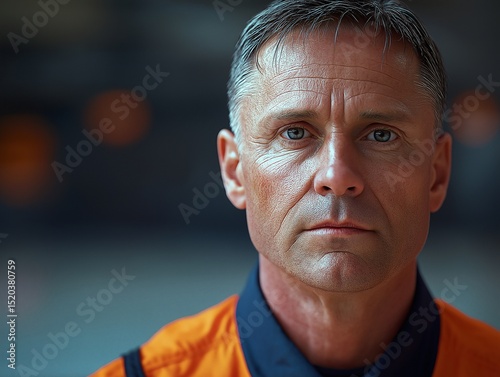 Confident Mature Man in Uniform. Professional Industry Worker Portrait with Bold Colors and Strong Features Indoors