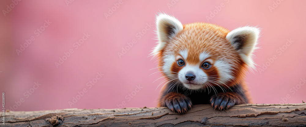 Obraz premium Red panda resting paws on log with realistic fur and calm expression, photorealistic wildlife portrait in natural setting with soft lighting and shallow depth of field background