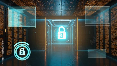 Futuristic data center cybersecurity concept with glowing padlock symbolizing network security measures and encryption