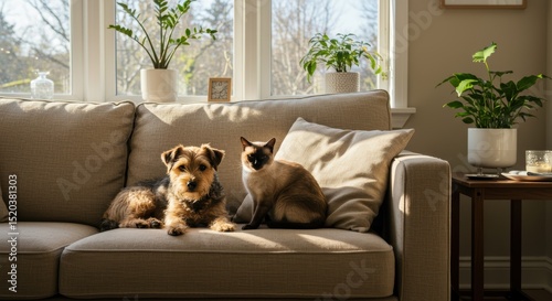 Dog and Cat Resting on a Sofa