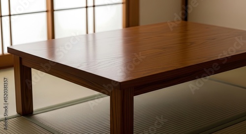 Wooden table with a glossy finish sits on a traditional mat floor near a screen. Natural light illuminates the scene, creating a warm, inviting atmosphere.