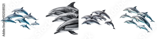 A vibrant and dynamic group of dolphins swimming and breaching together in the tranquil turquoise waters of their marine habitat