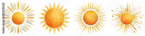 Stylized sun depicting warmth and natural light  long title Vibrant illustrated sun symbols in various styles representing the energy radiance and