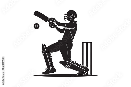 Cricket Batsman Silhouette Playing Shot Vector Illustration