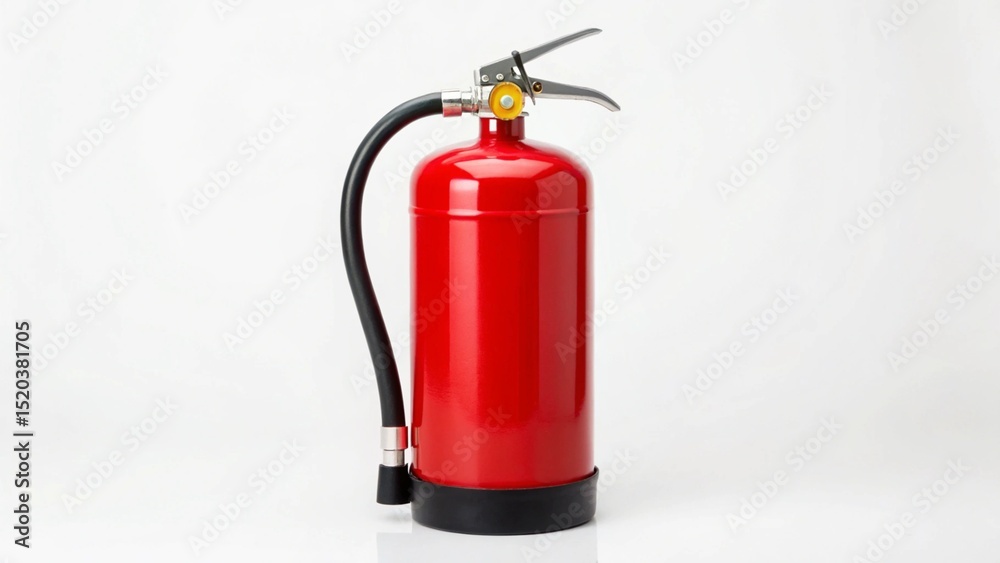 Fototapeta premium A bright red fire extinguisher, a crucial piece of safety equipment, stands prominently upright against a crisp, clean white background, highlighting its essential role in fire suppression