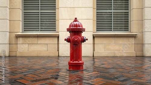 Wallpaper Mural This clear and sturdy shot features "a bold red fire hydrant reflecting in a puddle on the cobblestone-style pavement, framed by the architectural lines of a building with windows Torontodigital.ca