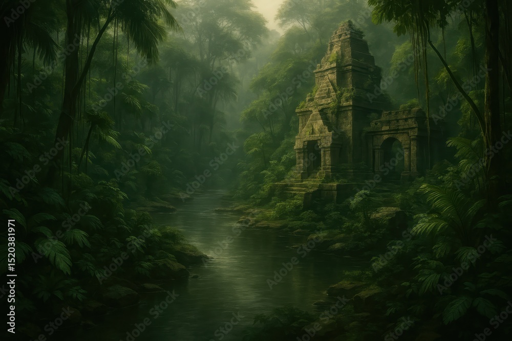 Fototapeta premium Mysterious Jungle Temple Ancient Stone Ruins Overgrown with Lush Vegetation Beside a Serene Rainforest River