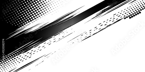  black and white abstract grunge background featuring halftone patterns and brush stroke textures.