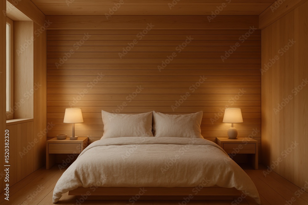 Fototapeta premium Serene Modern Wooden Bedroom Interior Minimalist Design with Natural Materials and Warm Lighting Cozy Ambiance