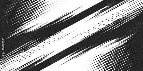  black and white abstract grunge background featuring halftone patterns and brush stroke textures.