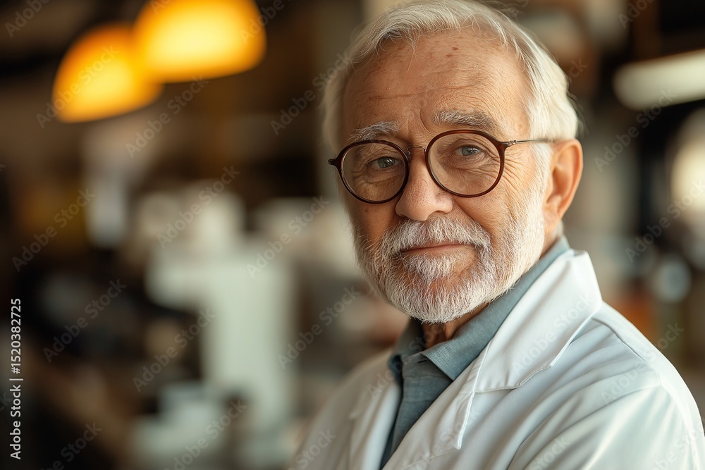 Elderly Doctor with Glasses Smiling in Warm Workplace - Professional and Supportive Senior Man Offers Friendly Service in Casual Wear and Lab Coat
