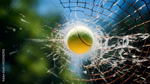 A tennis ball breaks a tennis net at high speed. AI Generated	
