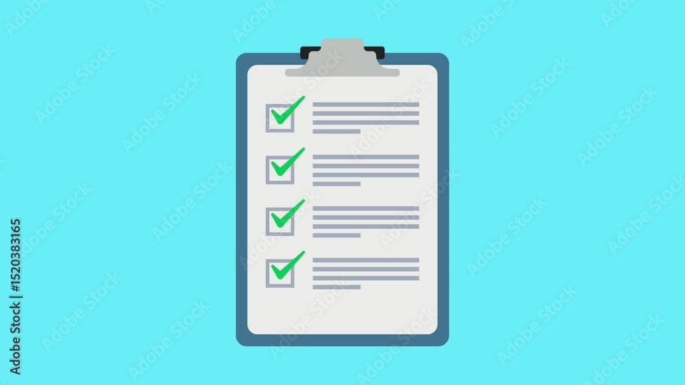 clipboard with check mark sign tick on check box on checklist paper on blue screen background. approved report and task reminder animation concept