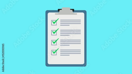 clipboard with check mark sign tick on check box on checklist paper on blue screen background. approved report and task reminder animation concept