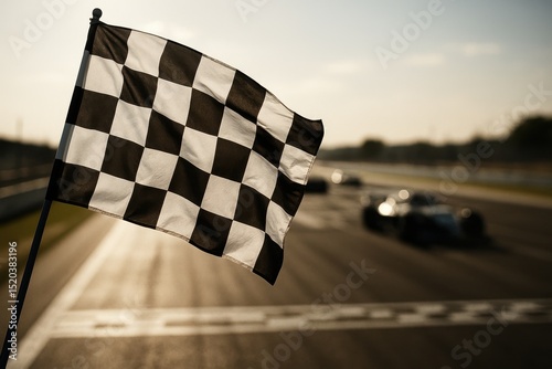 Checkered Racing Flag Waving Victoriously Above a Sun-Drenched Race Track with blurred race cars in the background, symbolizing victory and the thrill of motorsport