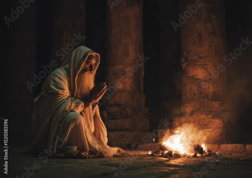 Spiritual seeker praying in ancient temple illuminated by firelight invoking faith photo
