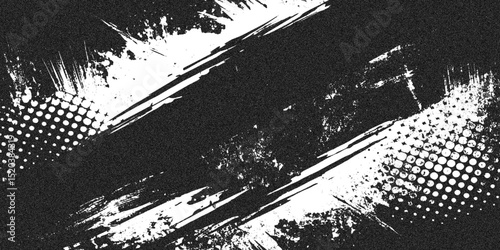  black and white abstract grunge background featuring halftone patterns and brush stroke textures.