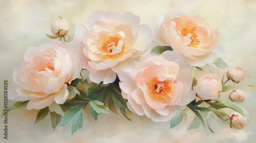 Fototapeta premium Elegant wedding invitation card background . Minimal hand painted watercolor Paeonia flowers texture template background. Design for wedding, vip cover, poster, rsvp moderncard.Valentine's Day