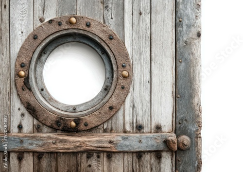 Rustic wooden door with porthole window offering a glimpse into a bright white void