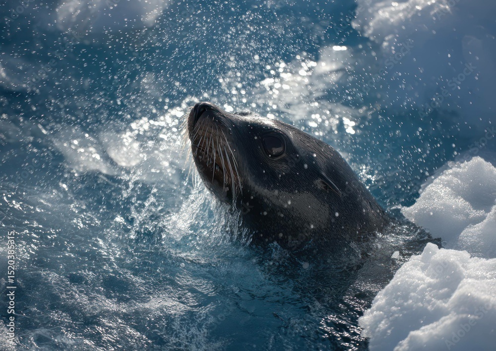 Fototapeta premium Sea Lion Emerging from Icy Waters: A close-up of a captivating marine mammal