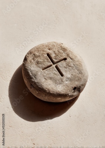 Ancient Stone Tablet with Carved Cross Symbol, Historical Artifact Close-up View