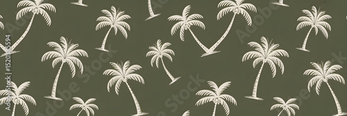 Seamless Hand-Drawn White Palm Tree Pattern on Dark Olive Green Background


