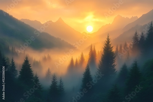 Epic Misty Forest at Sunset. Scenic Mountain Landscape Photography for Nature Lovers photo